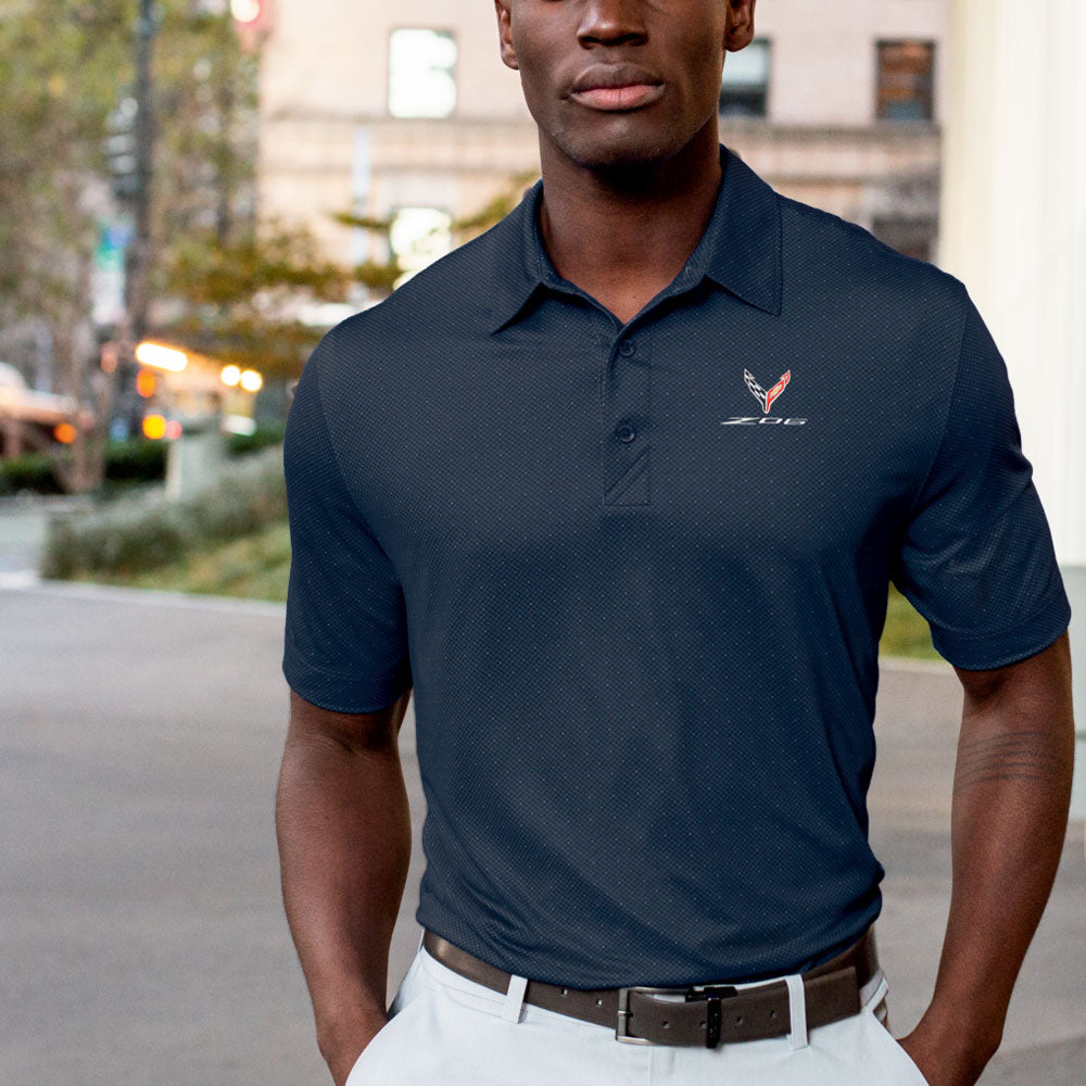 Man wearing the C8 Z06 Corvette Mens Pike Dot Polo