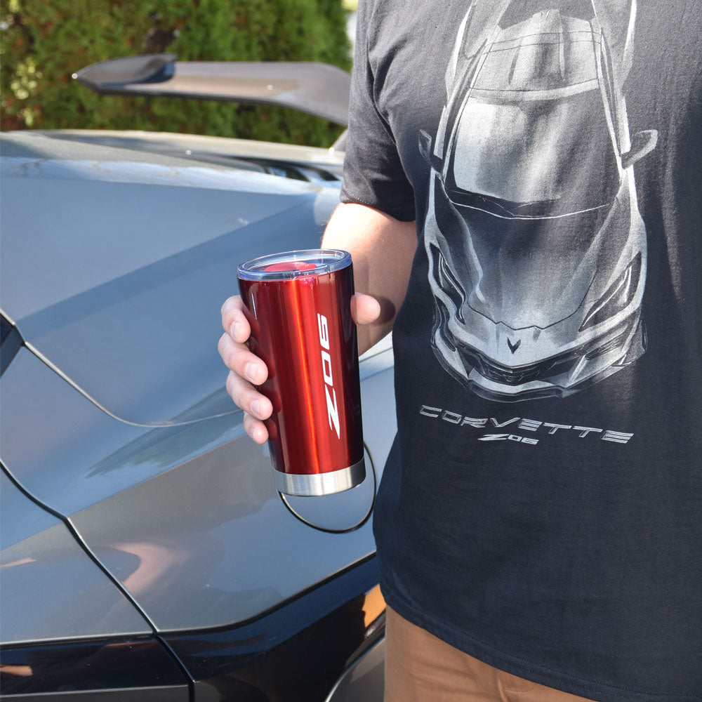 Man holding the C8 Z06 Corvette Red Frost Tumbler