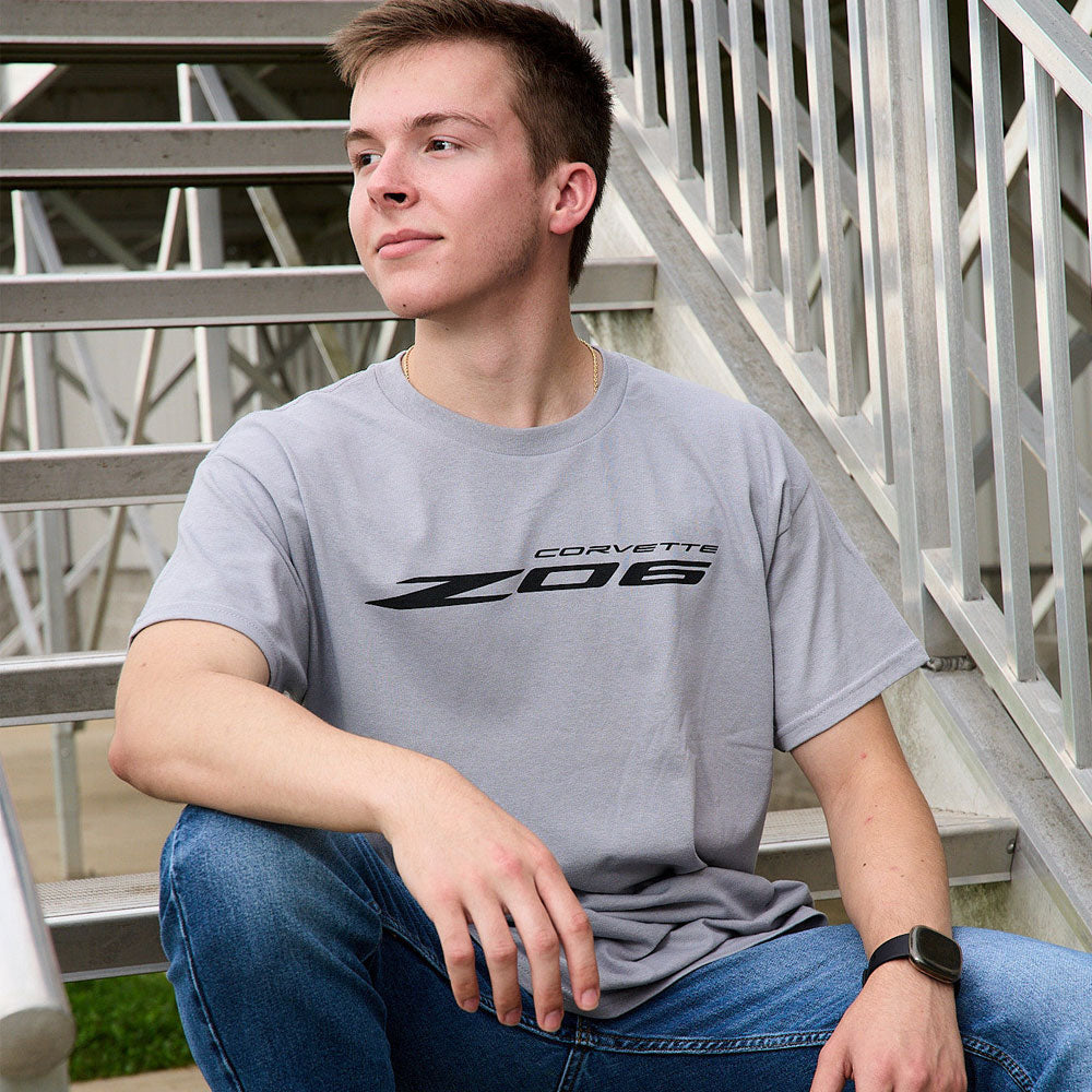 person wearing C8 Z06 Corvette Silver T-shirt