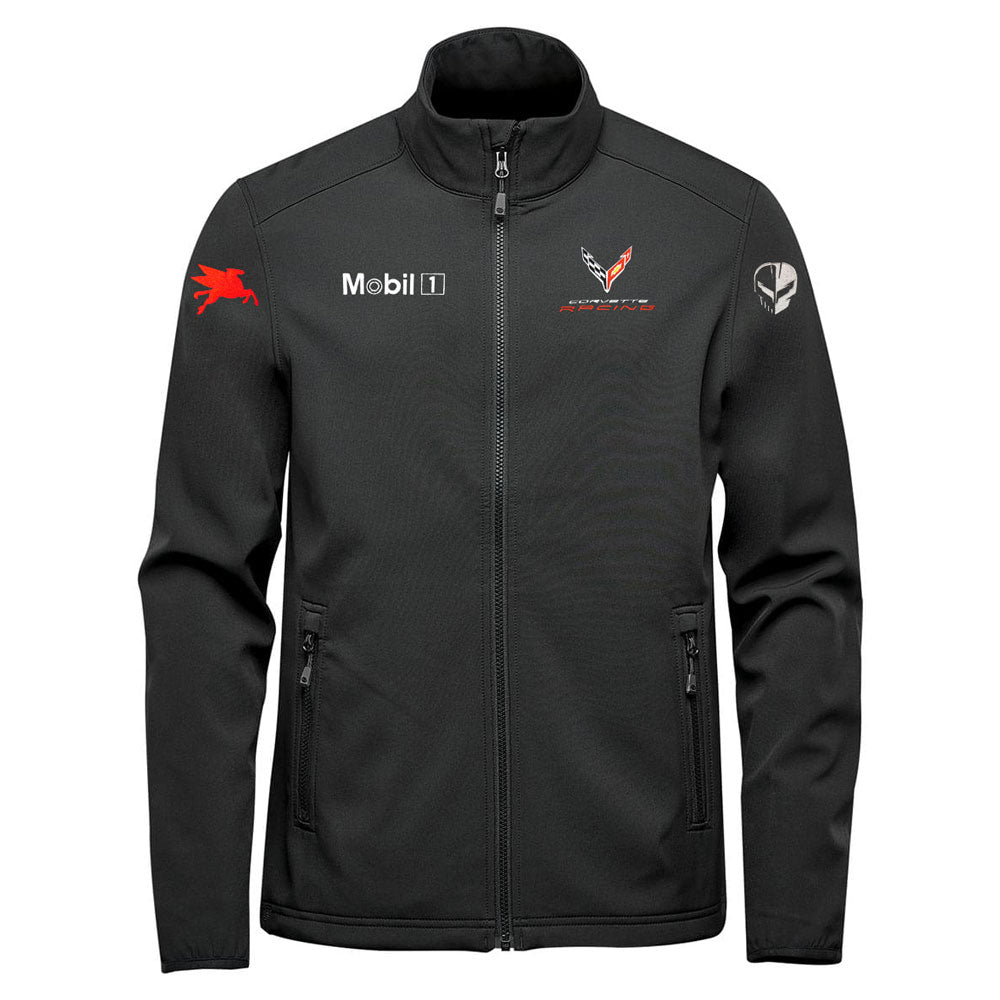 A black softshell jacket with a Corvette Racing emblem on the left chest a Mobil 1 emblem on the right chest, a Pegasus emblem on the right sleeve and a Jake racing logo on the left sleeve, shown on a white background.