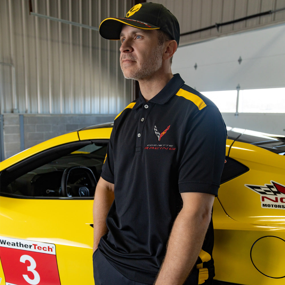 C8R Corvette Racing Two Tone Black Polo Emblem Close Up