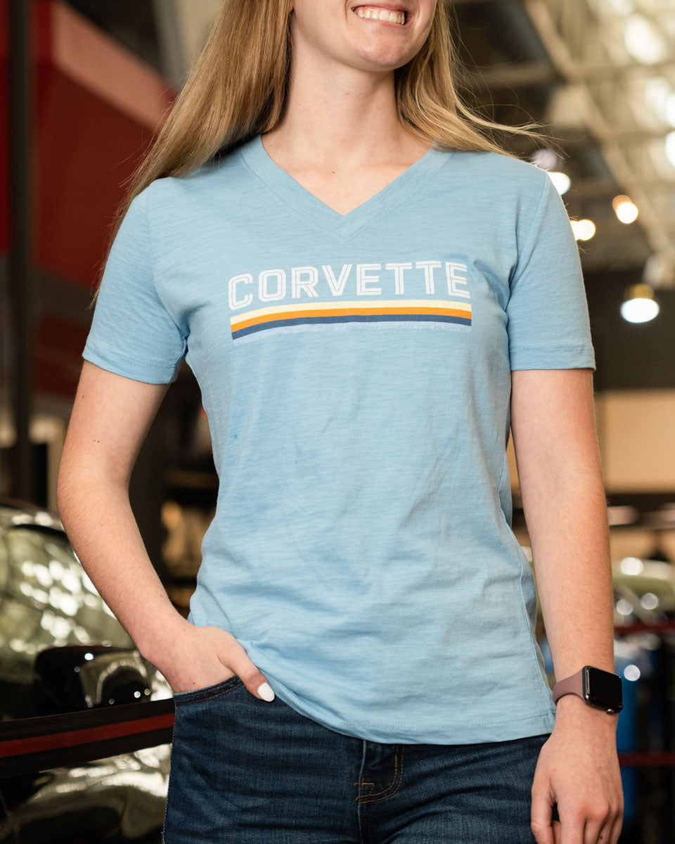 Woman wearing the Corvette Ladies Serena Slub V-Neck Top