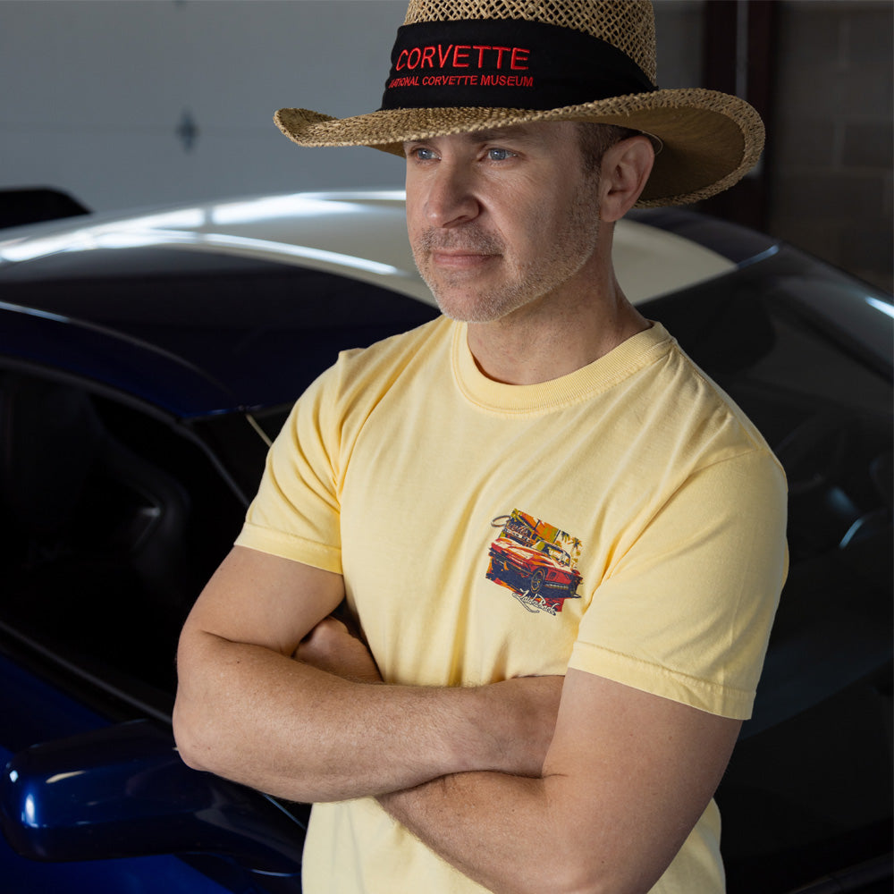 Man wearing the Chaos 65 Corvette Sting Ray Tee showing the design on the front