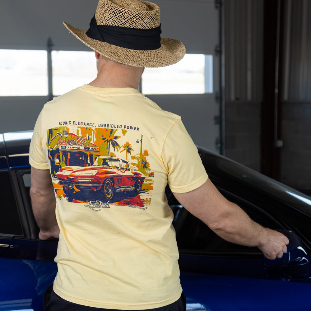 Man wearing the Chaos 65 Corvette Sting Ray Yellow Tee
