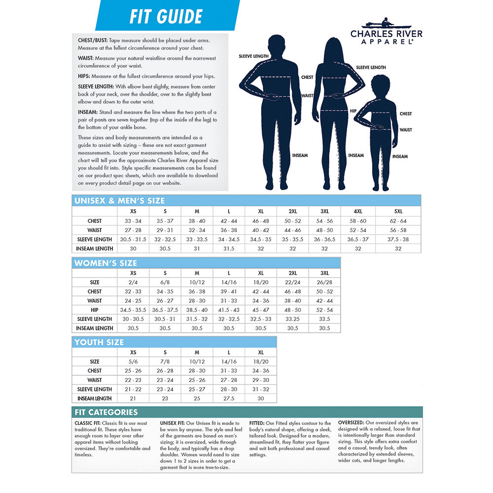 Charles River Apparel fit guide with size chart and measurement details.
