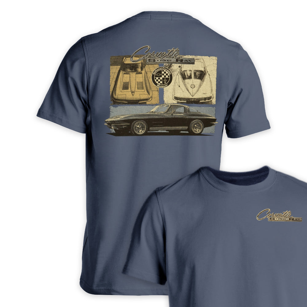 Midnight blue t-shirt with a 63 Split Window Corvette design on the back on a white background.