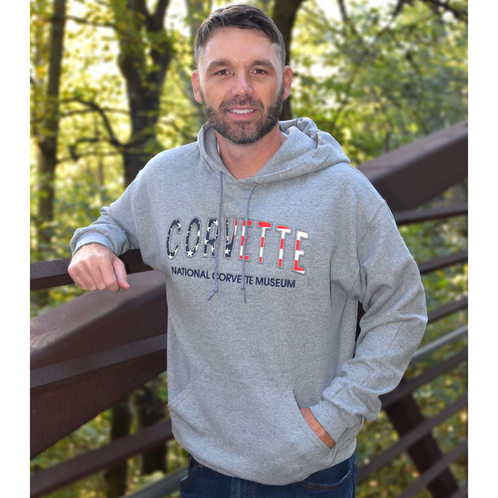 Man wearing the Corvette American Flag Classic Hoodie