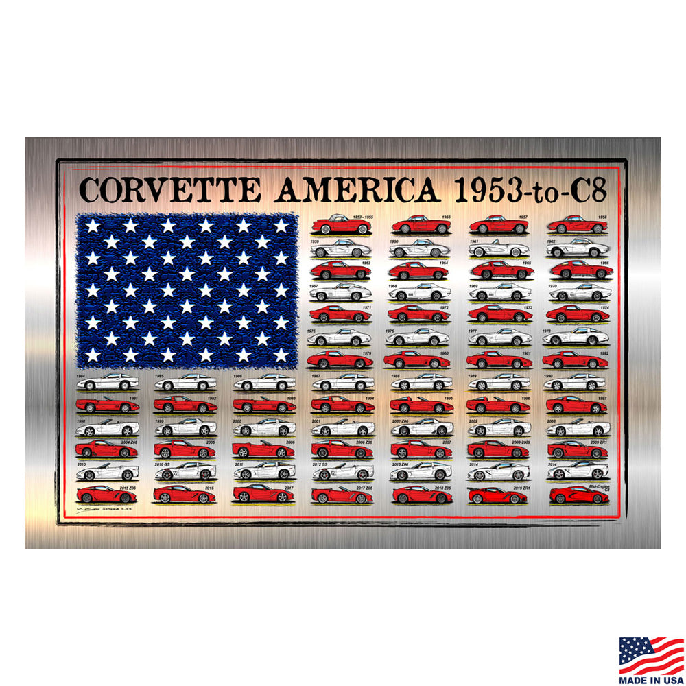 Corvette American Flag Shiny Metal Look Print showing one of each year of Corvette in an American flag design