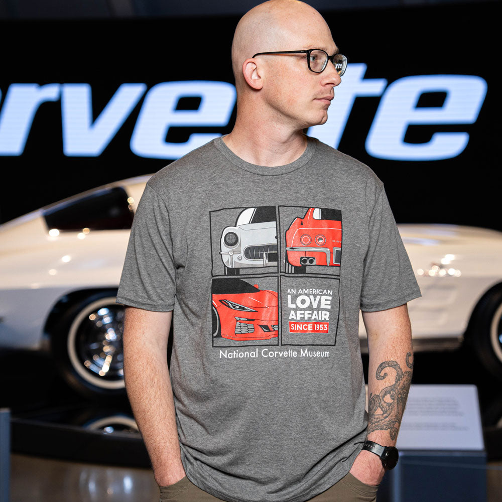 Man wearing the Corvette An American Love Affair T-shirt