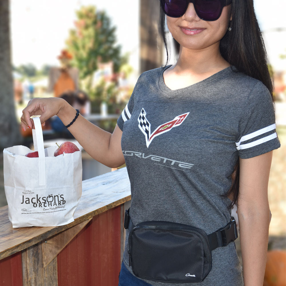 Woman wearing the Corvette Black Belt Bag