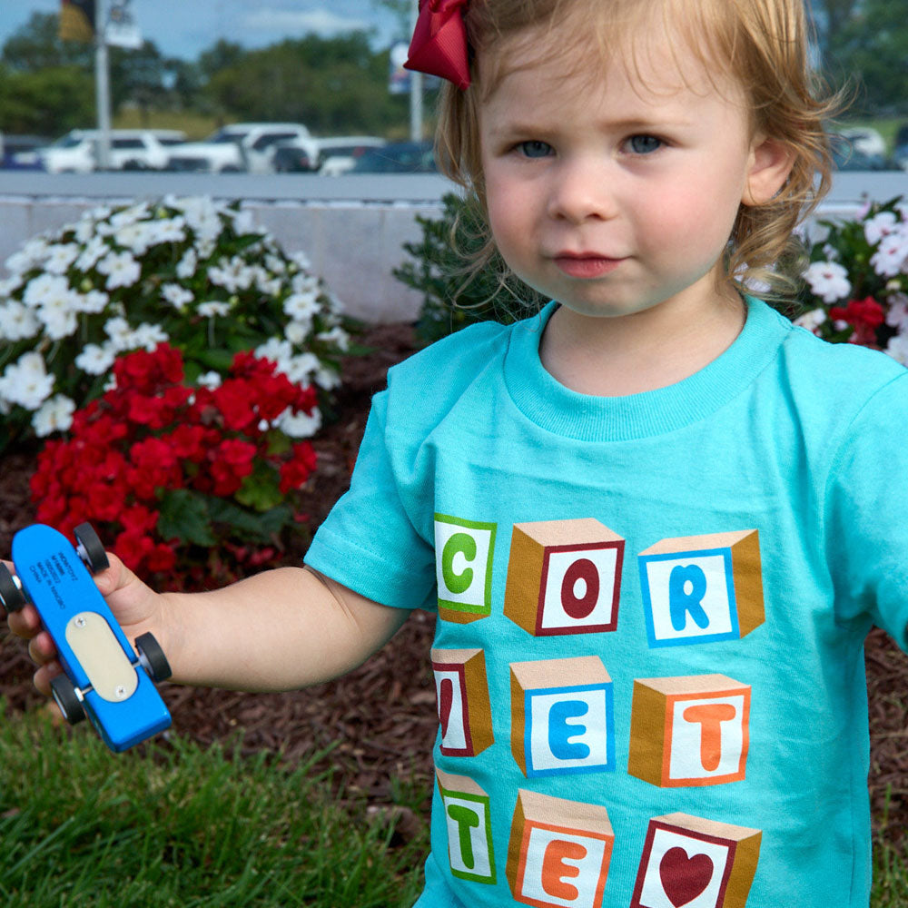 Girl wearing the Corvette Blocks Infant T-shirt