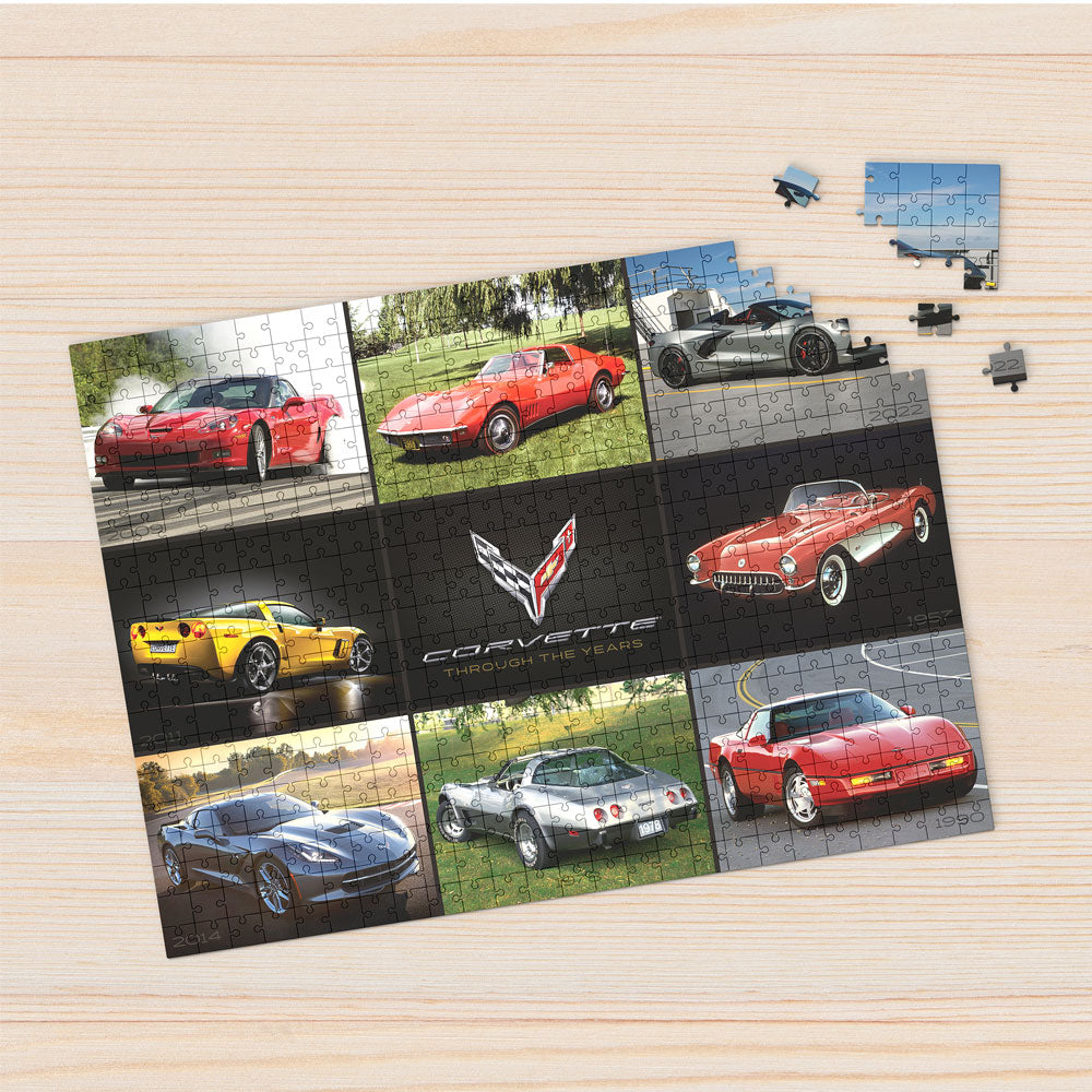 Corvette Collection Jigsaw Puzzle being assembled on a table