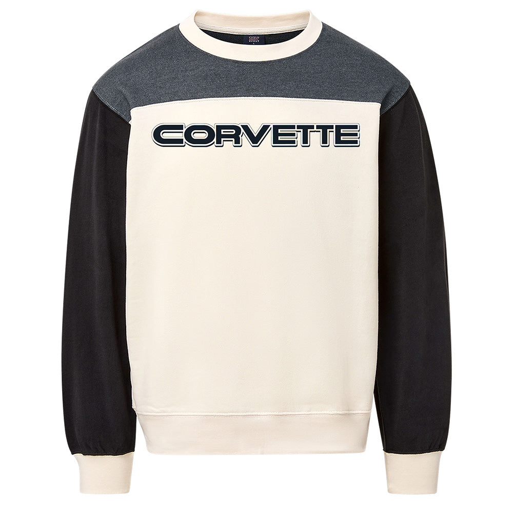 Cream color sweatshirt with black arms and a gray colorblock by the neck and Corvette block script shown on a white background