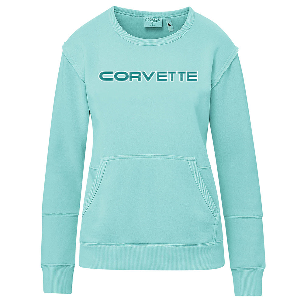 An Aqua blue sweatshirt with Corvette script shown on a white background