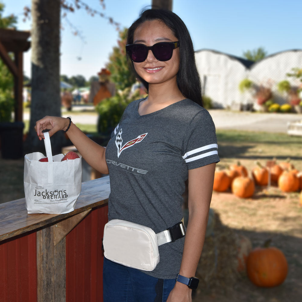 Woman wearing the Corvette Cream Belt Bag