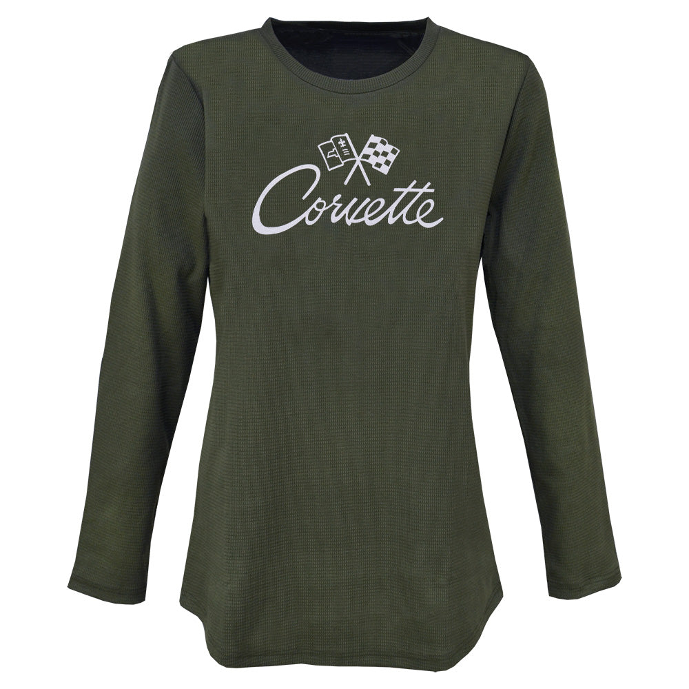 Corvette Crossed Flags Ladies' Waffle Knit Top Olive shown on a white background