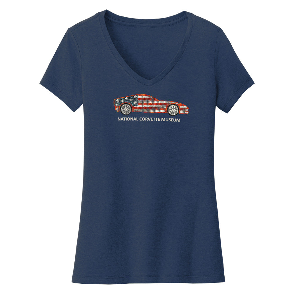 Corvette Crystal American Flag Ladies Navy Top