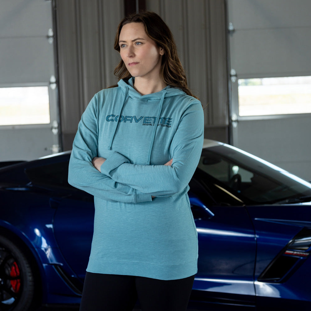 Woman wearing the Corvette Drawstring Caribbean Green Slub Hoodie