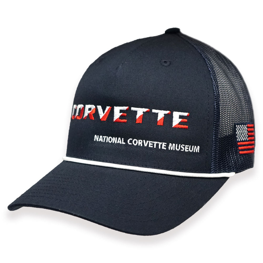 Navy blue trucker cap with 'Corvette' and 'National Corvette Museum' text on a white background