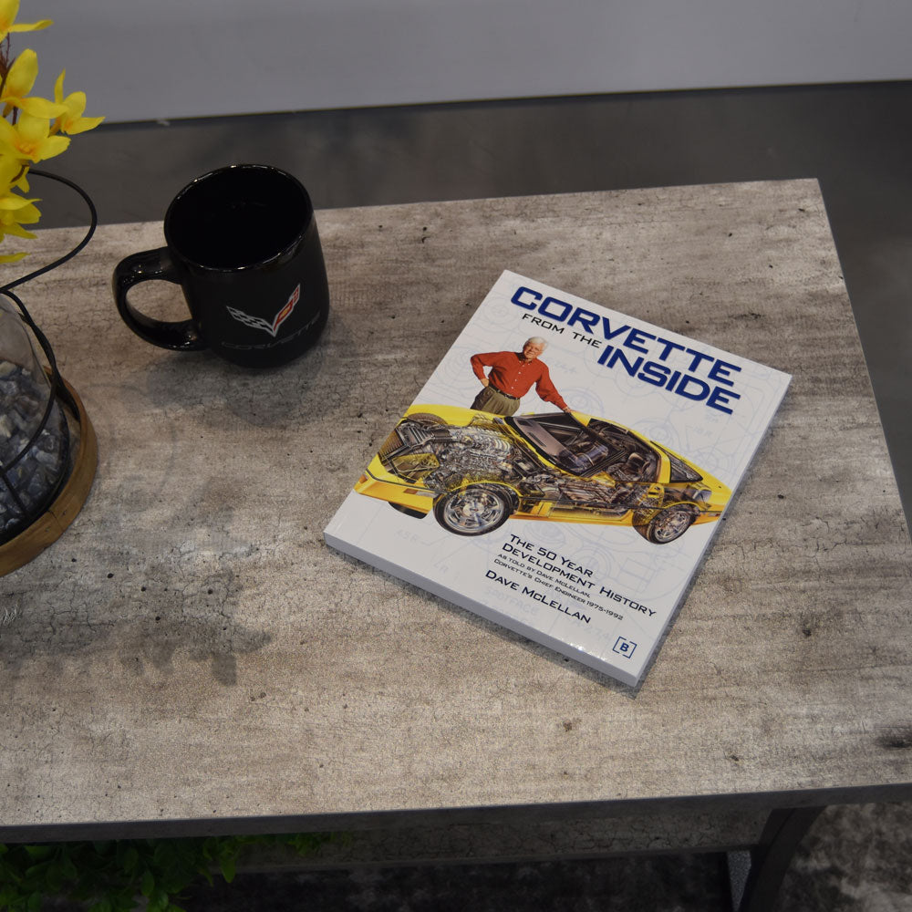 Corvette From the Inside Paperback laying on a coffee table