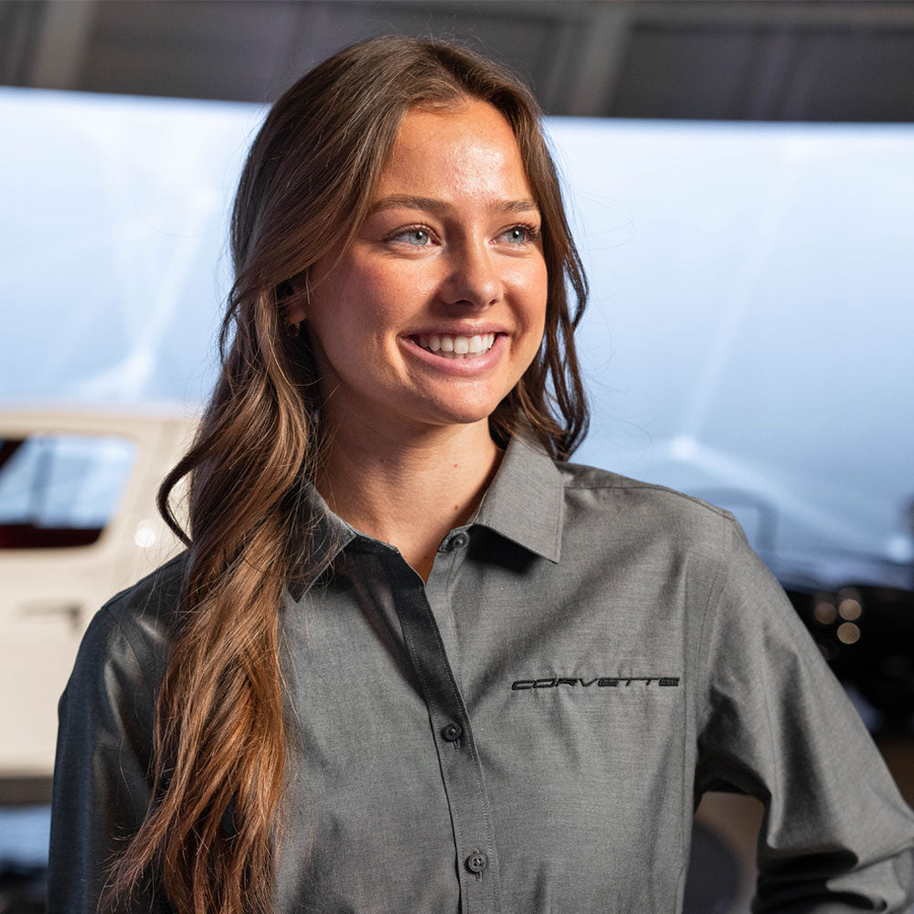 Woman wearing the Corvette Ladies Brooks Brothers Black Dress Shirt