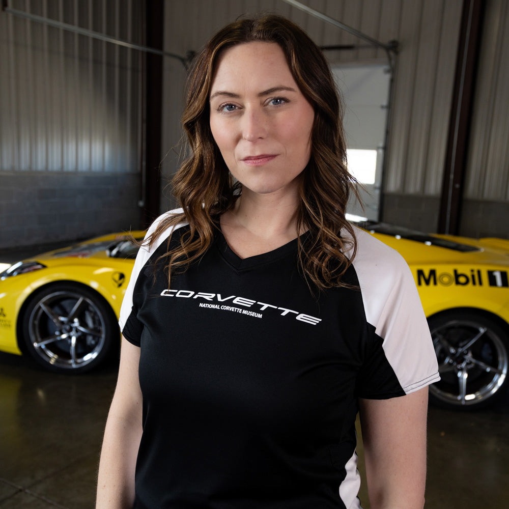 Woman wearing the Corvette Colorblock Black and White Jersey Top