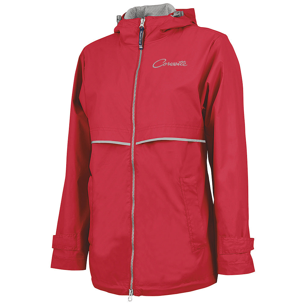 Corvette Ladies New Englander Red Rain Jacket shown on a white background