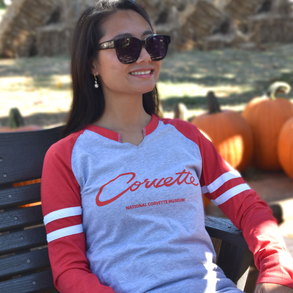 Woman wearing the Corvette Ladies Raglan Top Lifestyle