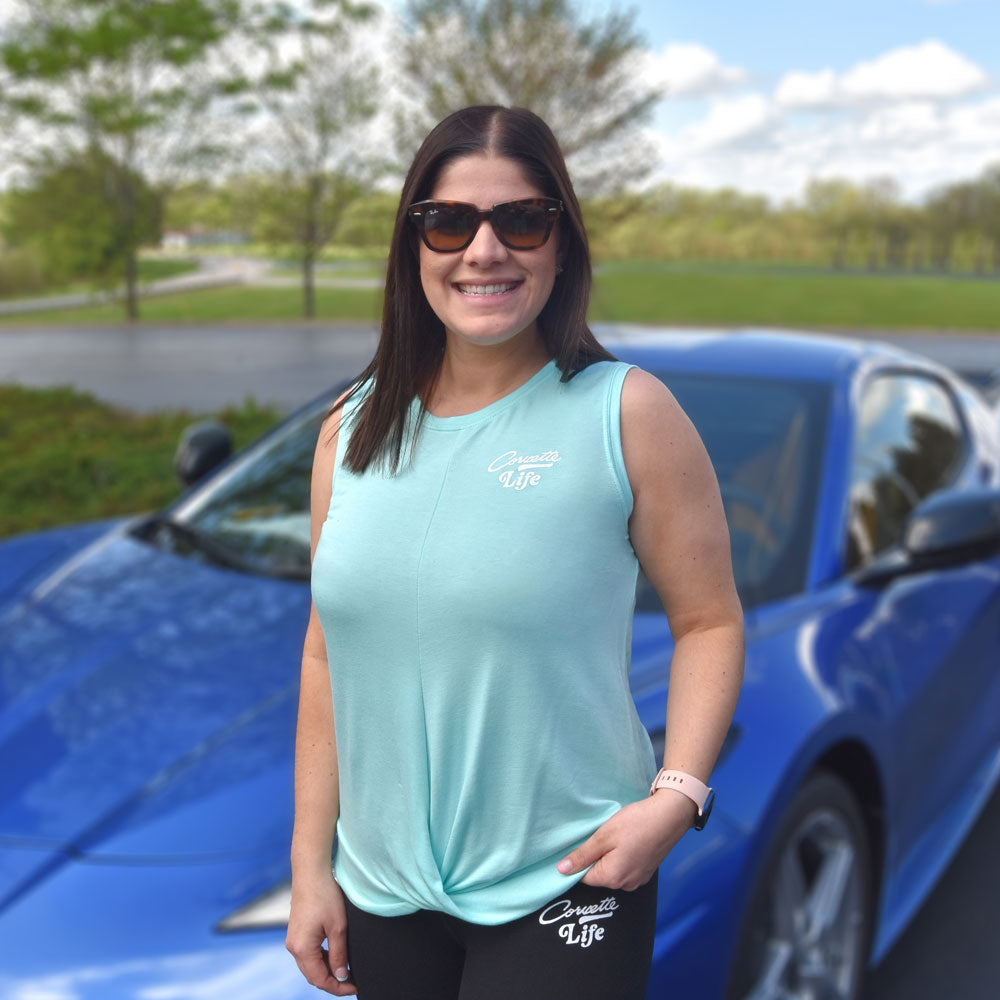 Woman wearing the Corvette Life Ladies Sleeveless Top Lifestyle