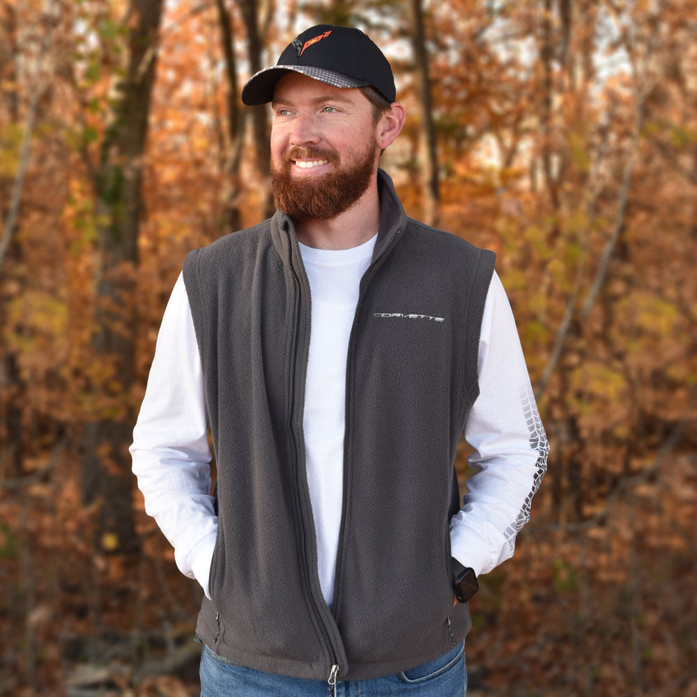 Man wearing the Corvette Mens Gray Fleece Vest