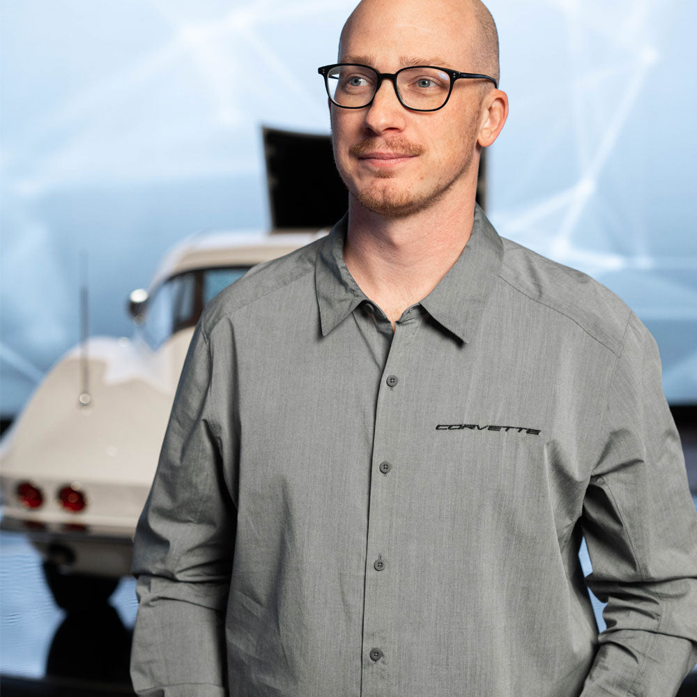 Man wearing the Corvette Luster Gray Ogio Dress Shirt
