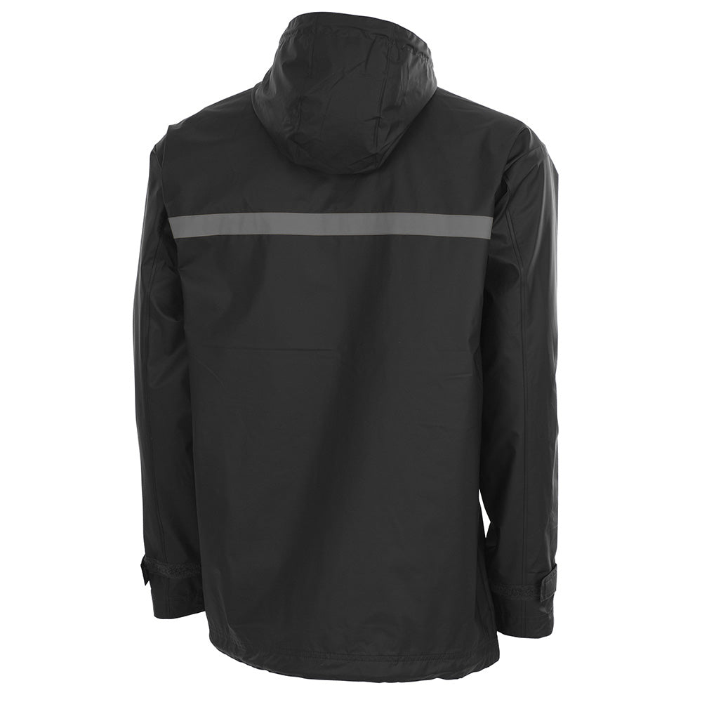 Black raincoat with reflective strip on the back against a white background