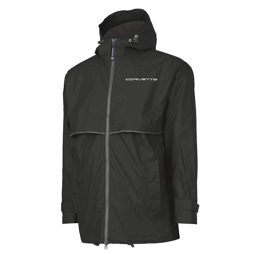 Black raincoat with 'Corvette' script embroidered on the left front chest