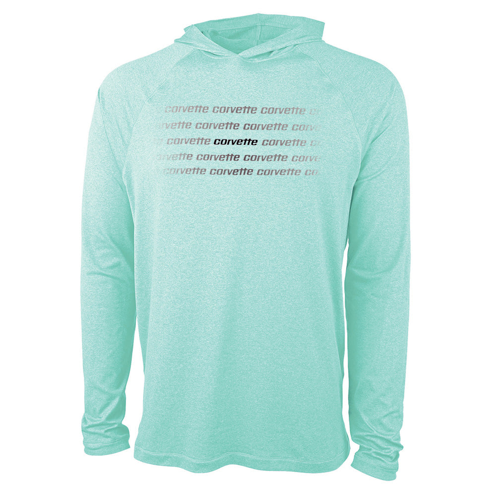Mint green hoodie with 'Corvette' text on a white background