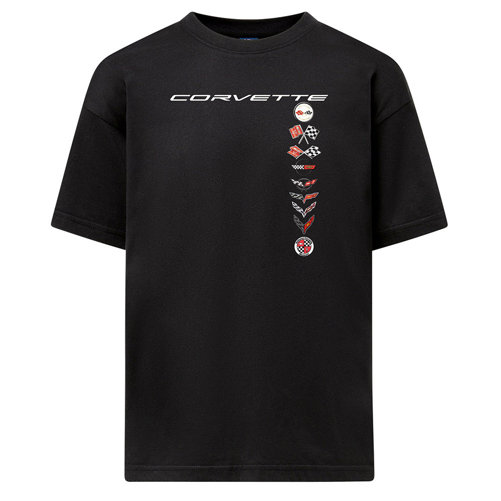 Black youth t-shirt with all eight of the Corvette generation logos down the front on a white backgro