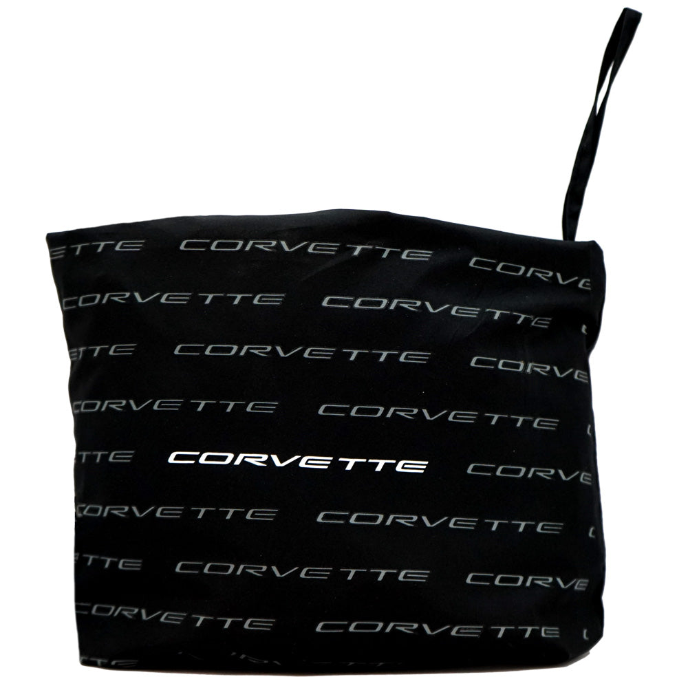 Corvette Pack-N-Go Unisex Black Pullover Windbreaker shown packed into the pocket pouch
