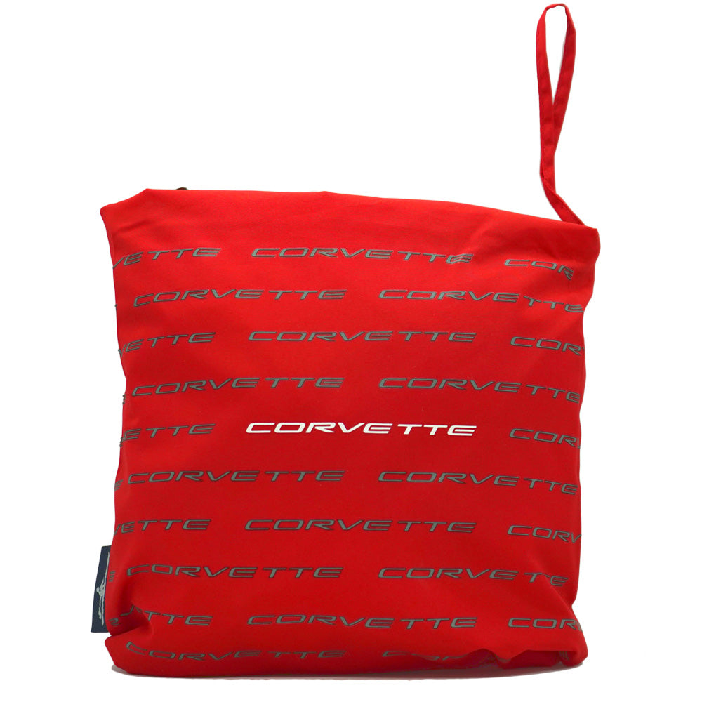 The Corvette Pack and Go Unisex Red Pullover Windbreaker stored in the pocket pouch