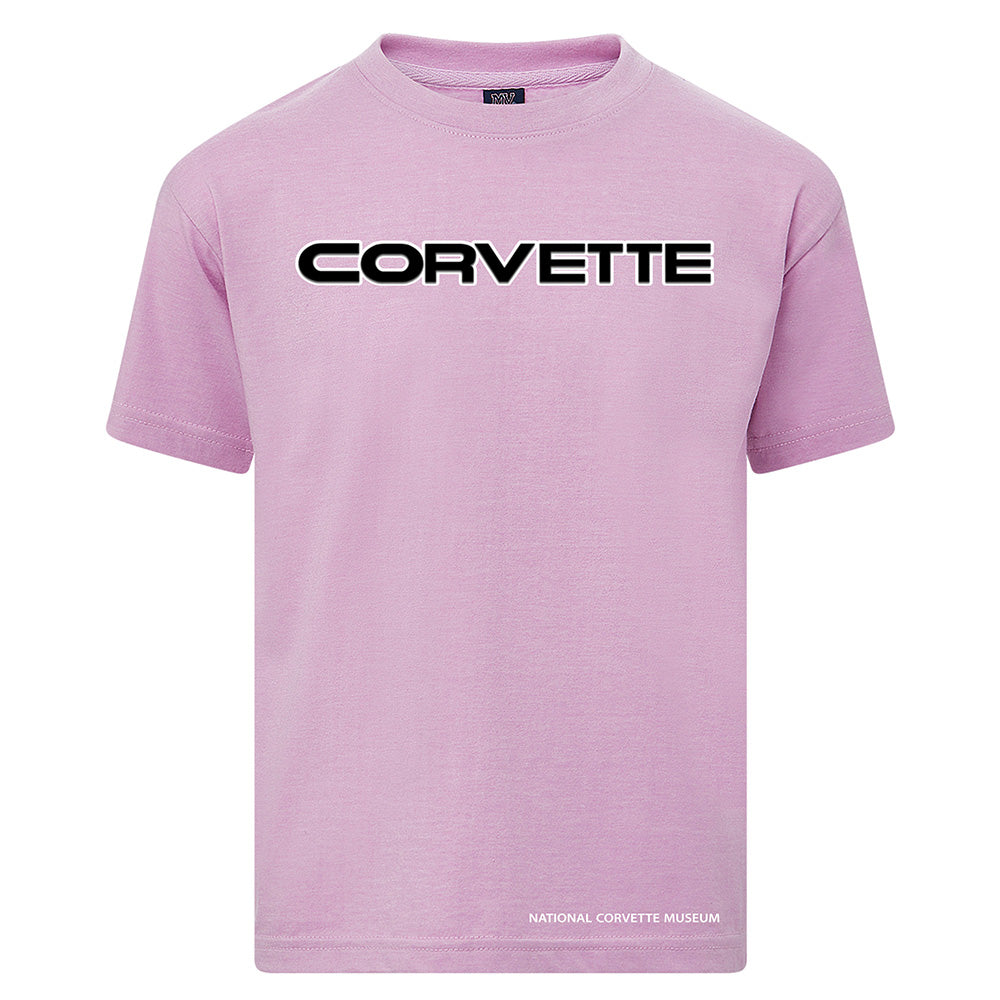 Corvette Puff Print Youth T-shirt in a Wisteria Pink shown on a white background