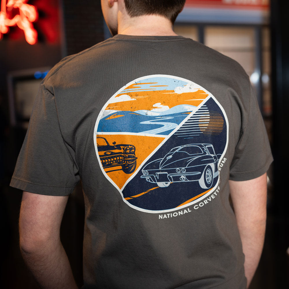 Man wearing the Corvette Retro Circle Graphite T-shirt showing the back design