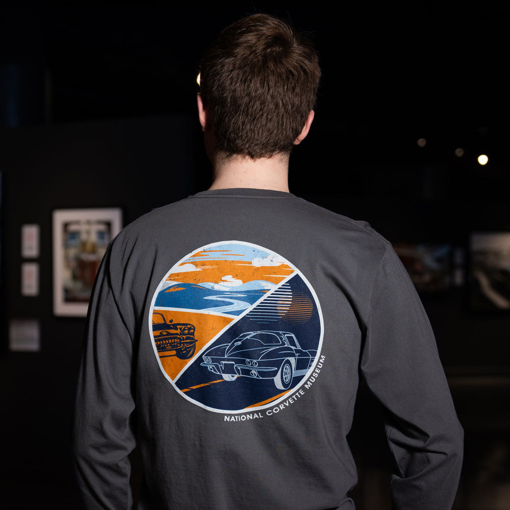 Man wearing the Corvette Retro Circle Long Sleeve Graphite T-shirt 