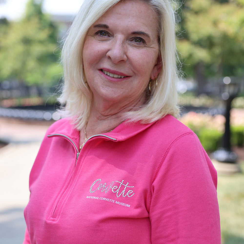 Woman wearing the Corvette Rhinestone French Terry Ladies Hot Pink Quarter-Zip