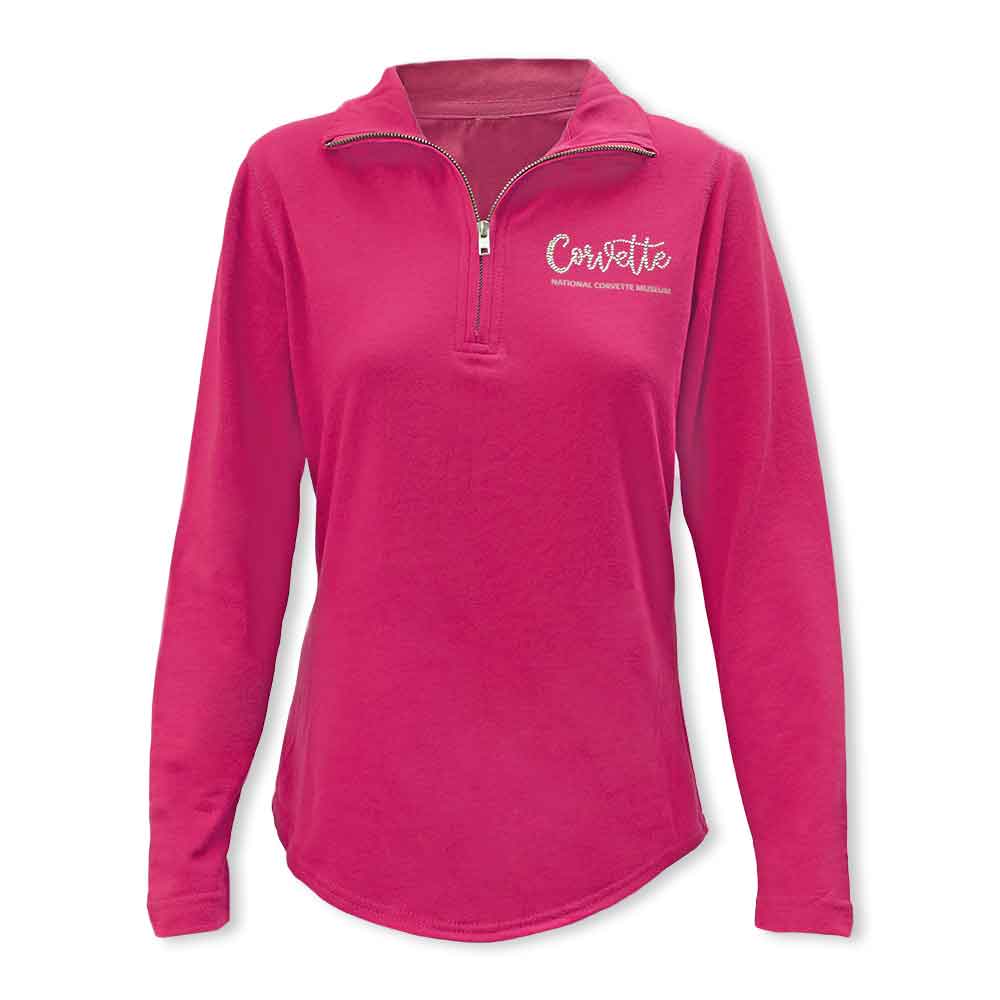 Corvette Rhinestone French Terry Ladies Hot Pink Quarter-Zip