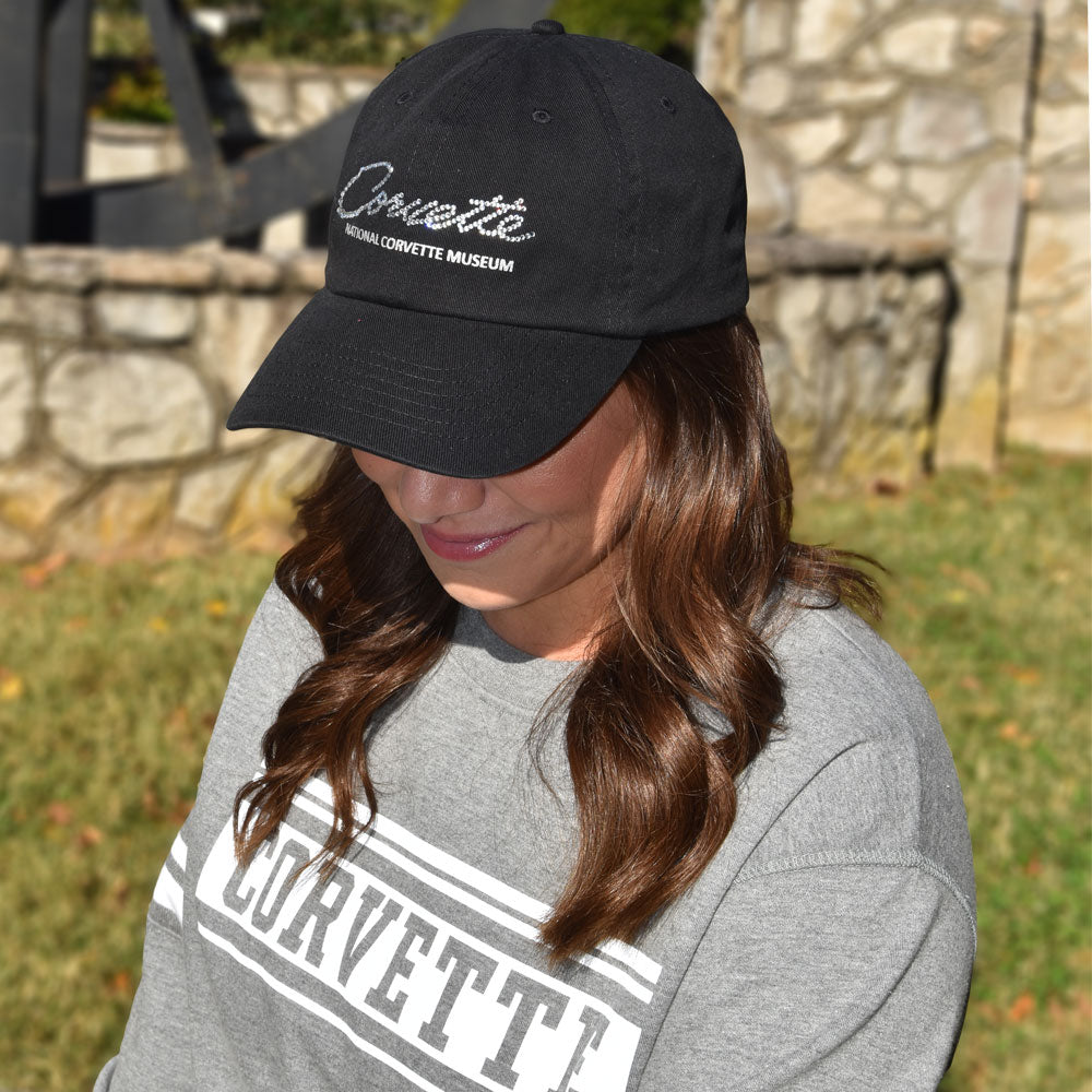 Lady wearing the Corvette Rhinestone Script Black Cap