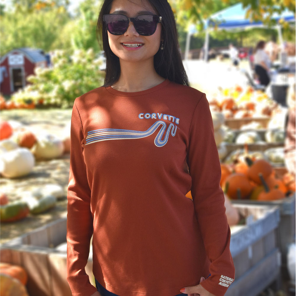 Woman wearing the Corvette Roadie LS Ladies Waffle Knit Top