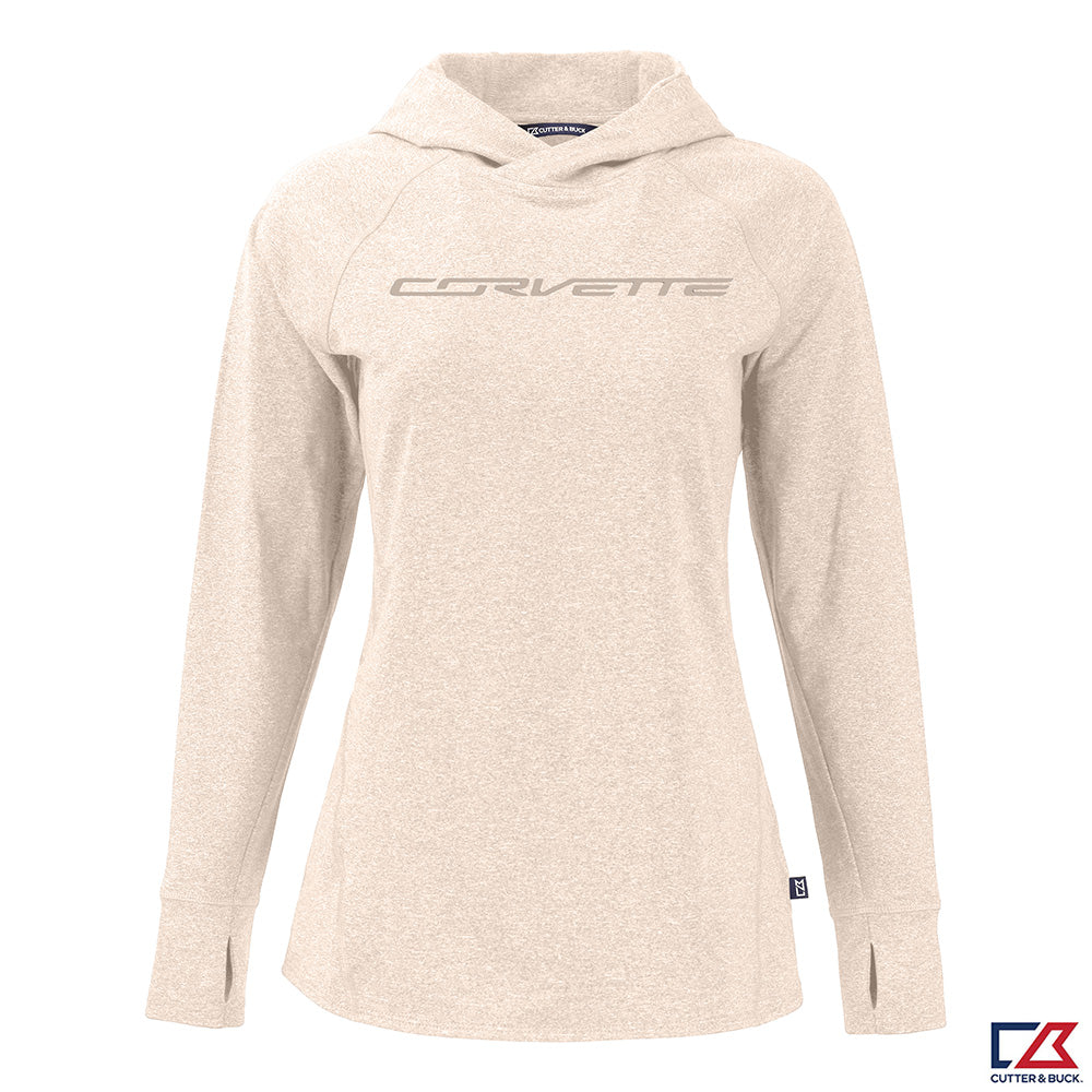 Corvette Script Ladies Adapt Hooded Pullover in Heather Wheat shown on a white background