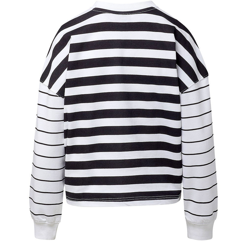 Showing the back of the sweatshirt that has thicker black and white stripes on a white background