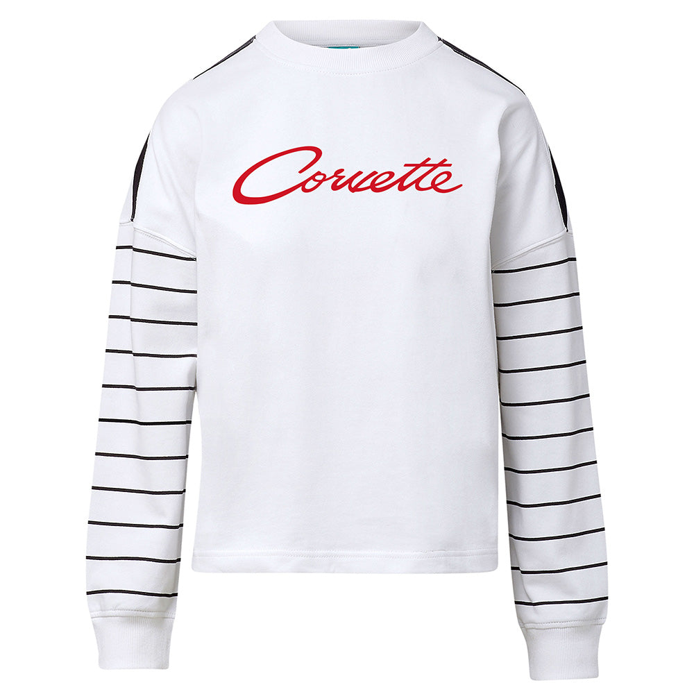 White sweatshirt with red Corvette script on the front shown on a white background.