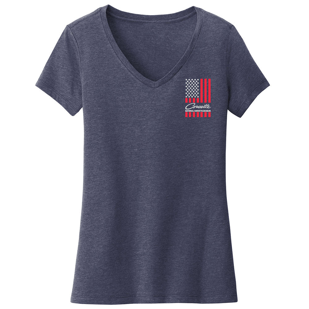 Corvette Small American Flag Ladies V-Neck Heather Navy Top