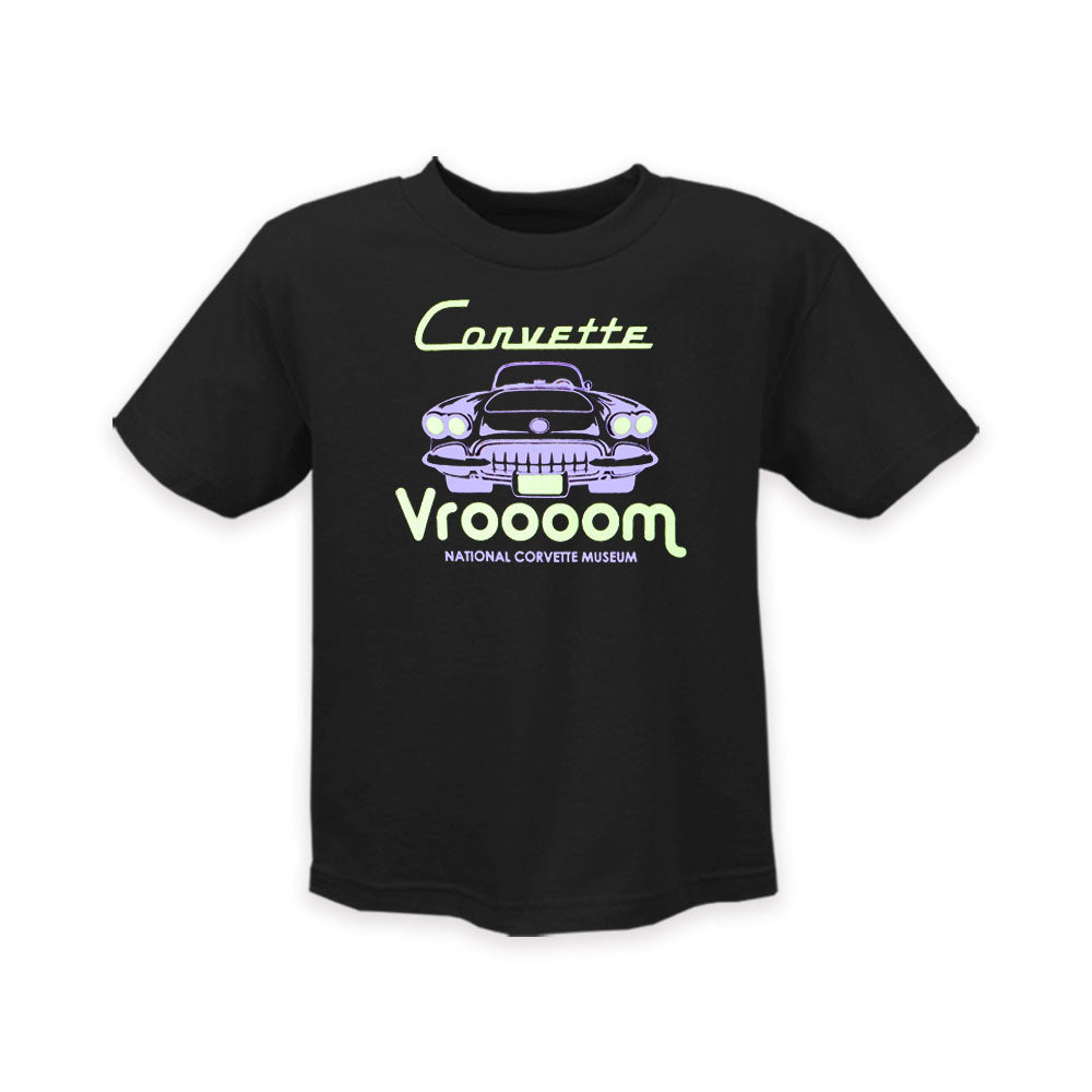 The Corvette Vrooom Toddler Black T-shirt shown on a white background.