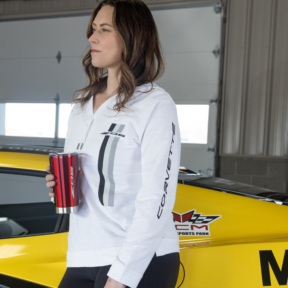 Woman wearing the Corvette Z06 Stripes Ladies Slub White Hoodie
